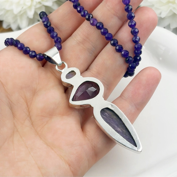 Amethyst Moonstone Charoite Pendant Necklace Southwest Boho Vintage New 925 - Picture 9 of 10